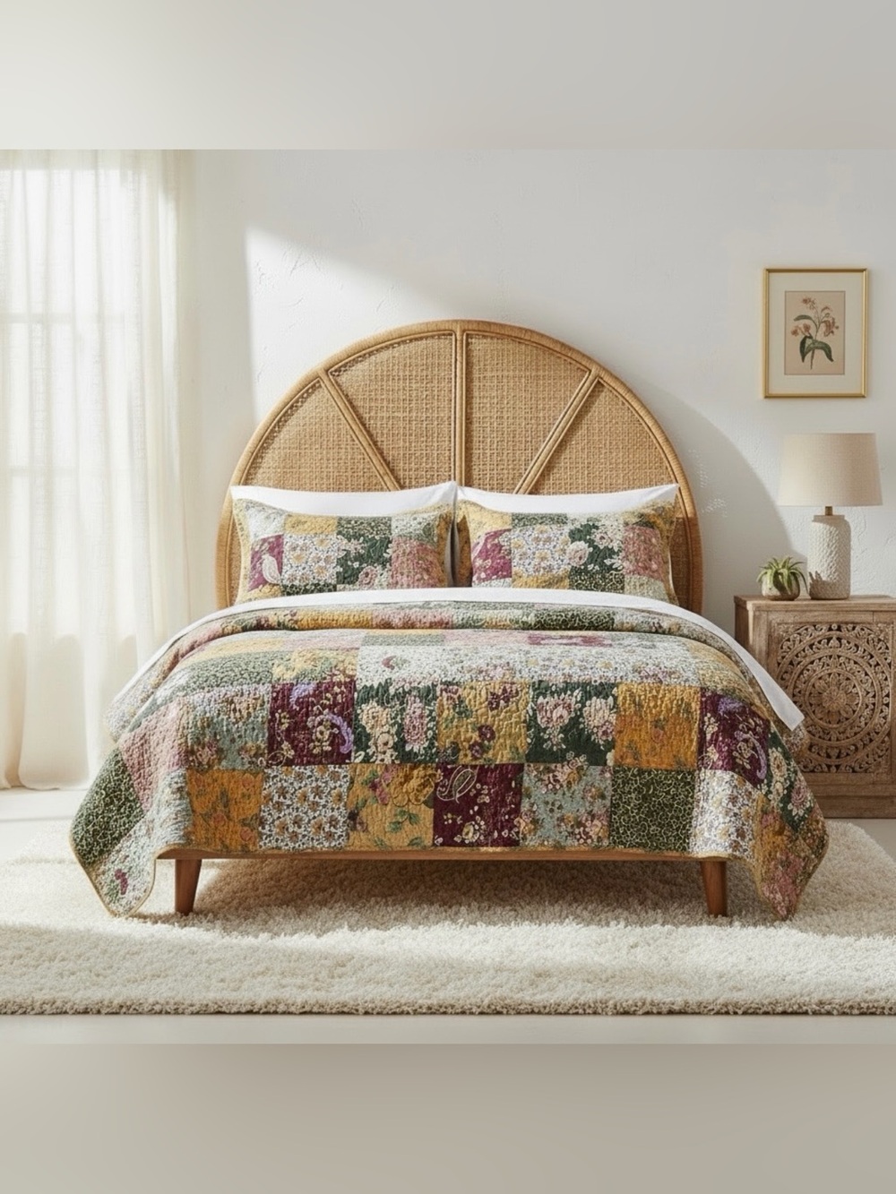 NEW Anthro Cotton Floral Reversible Patchwork Queen King Bedding Quilt Sham Set - Picture 7 of 15